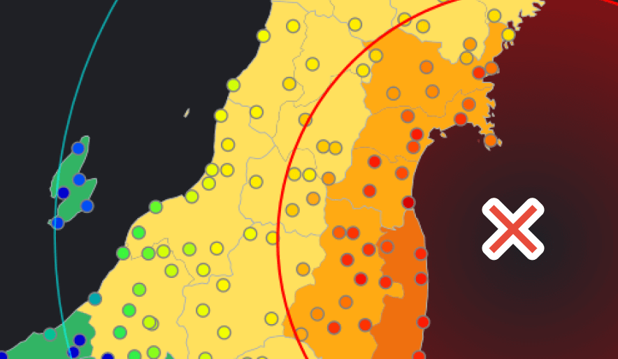 緊急地震速報のP波とS波による予想震度と、観測震度を表示した様子